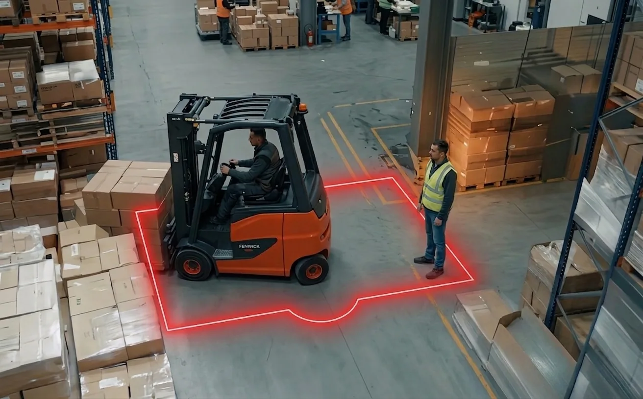 Human–machine proximity detection in a warehouse: the forklift is outlined in red and the ground operator in the yellow vest is flagged as not attentive